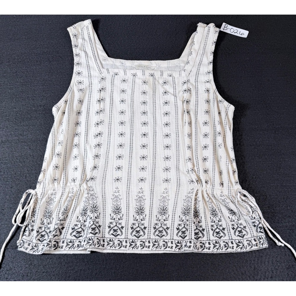 Lucky Brand Womens Large Cream Black Floral Print Square Neck Side Tie Tank Top